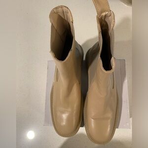 Zara Light Beige Leather Chunky Lug Sole Slip on Boots Size 39